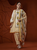 Light yellow floral printed cotton kurti set