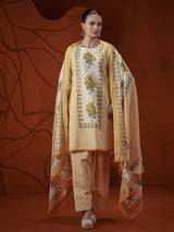 Light yellow floral printed cotton kurti set
