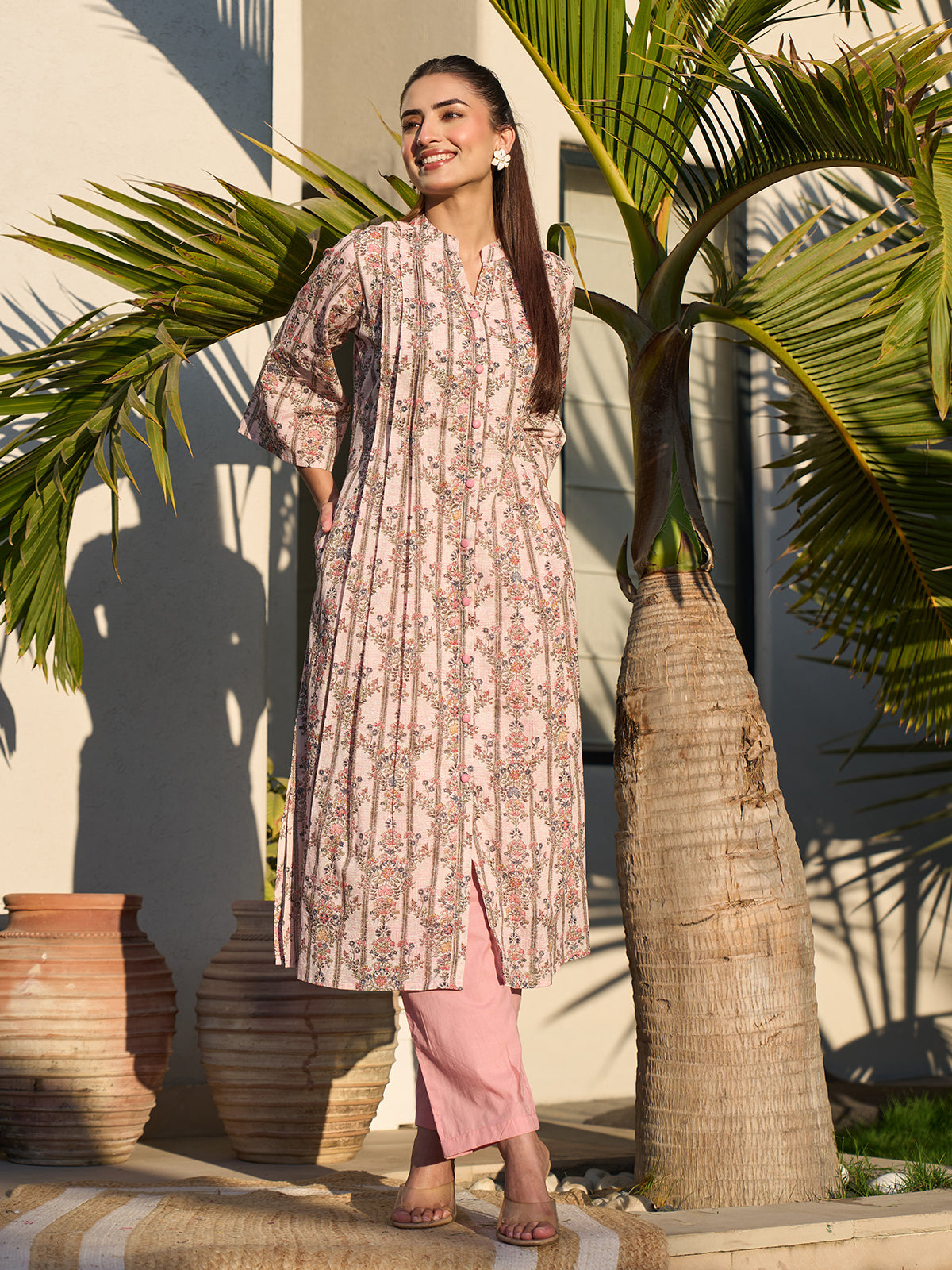 Pink elegant printed cotton silk kurti set