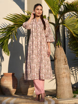 Pink elegant printed cotton silk kurti set