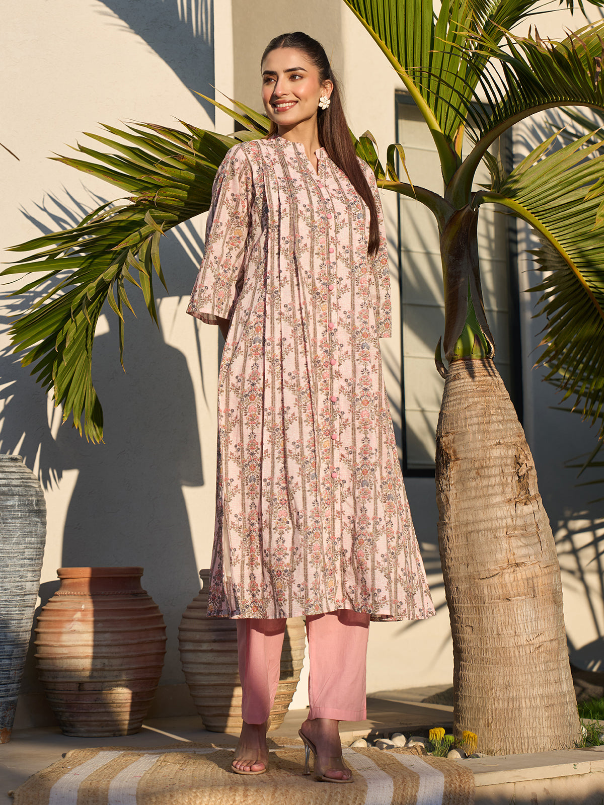 Pink elegant printed cotton silk kurti set
