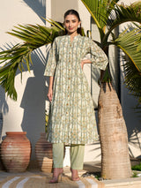 Green graceful printed cotton silk kurti set