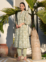 Green graceful printed cotton silk kurti set