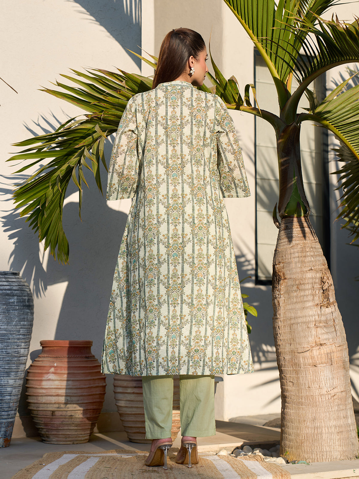 Green graceful printed cotton silk kurti set