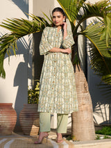 Green graceful printed cotton silk kurti set