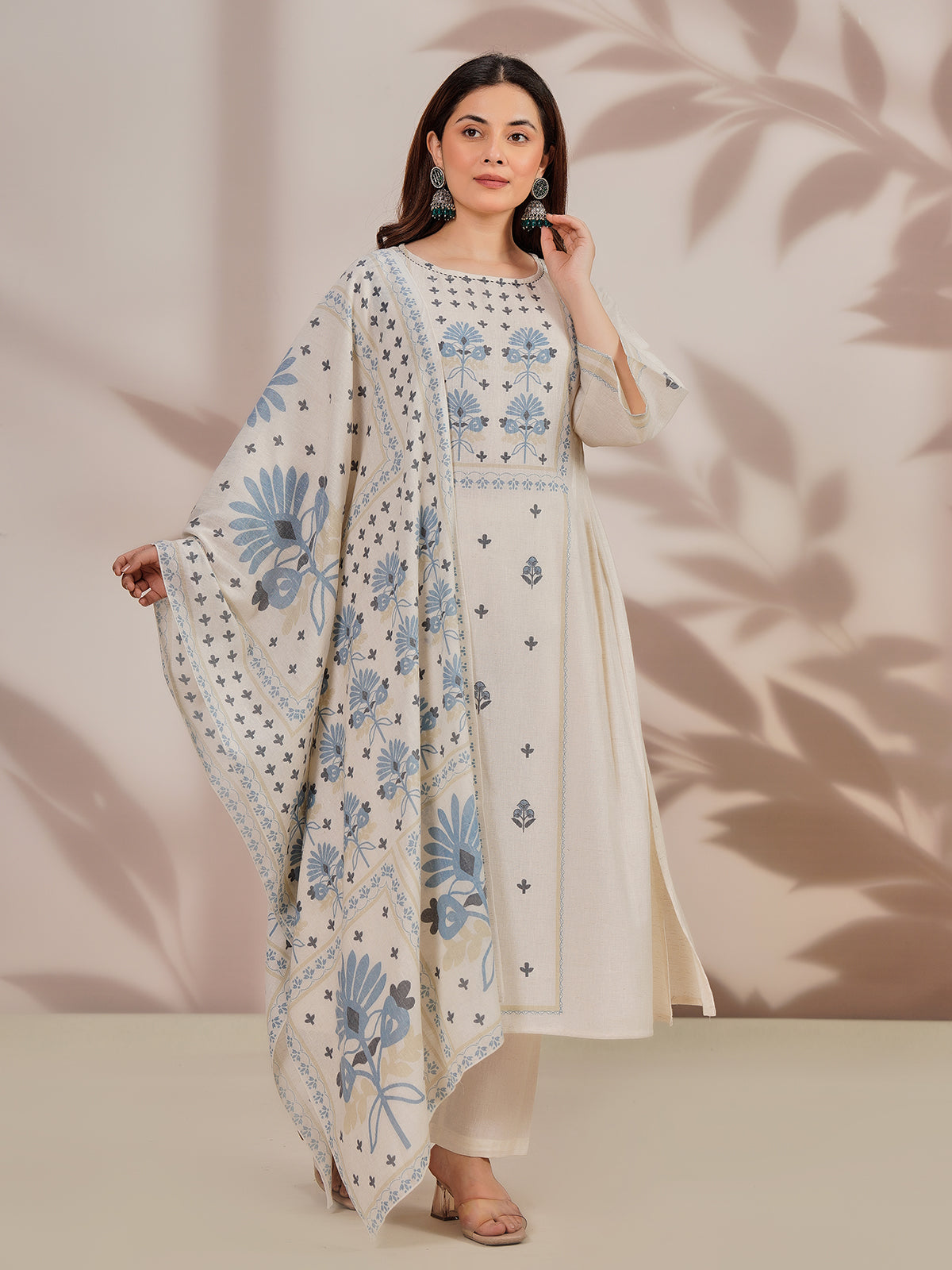 Off white cotton festive kurti set with floral print