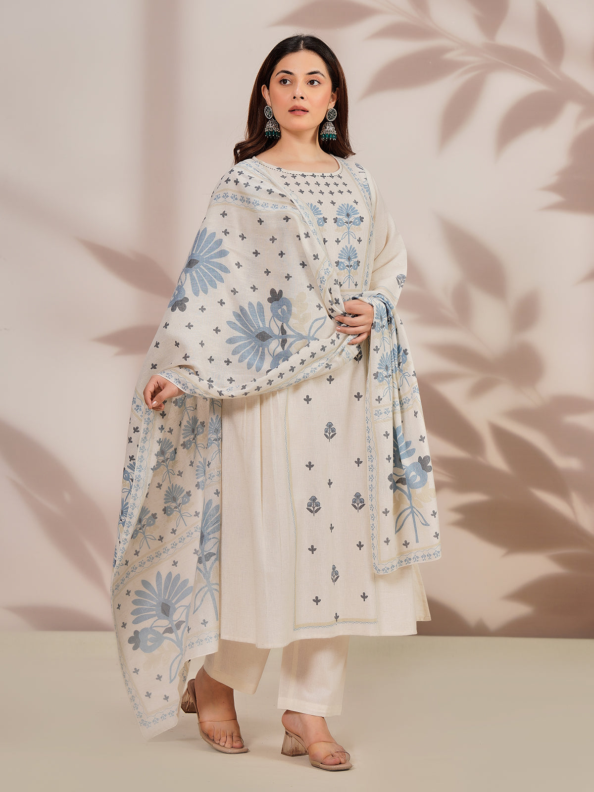 Off white cotton festive kurti set with floral print