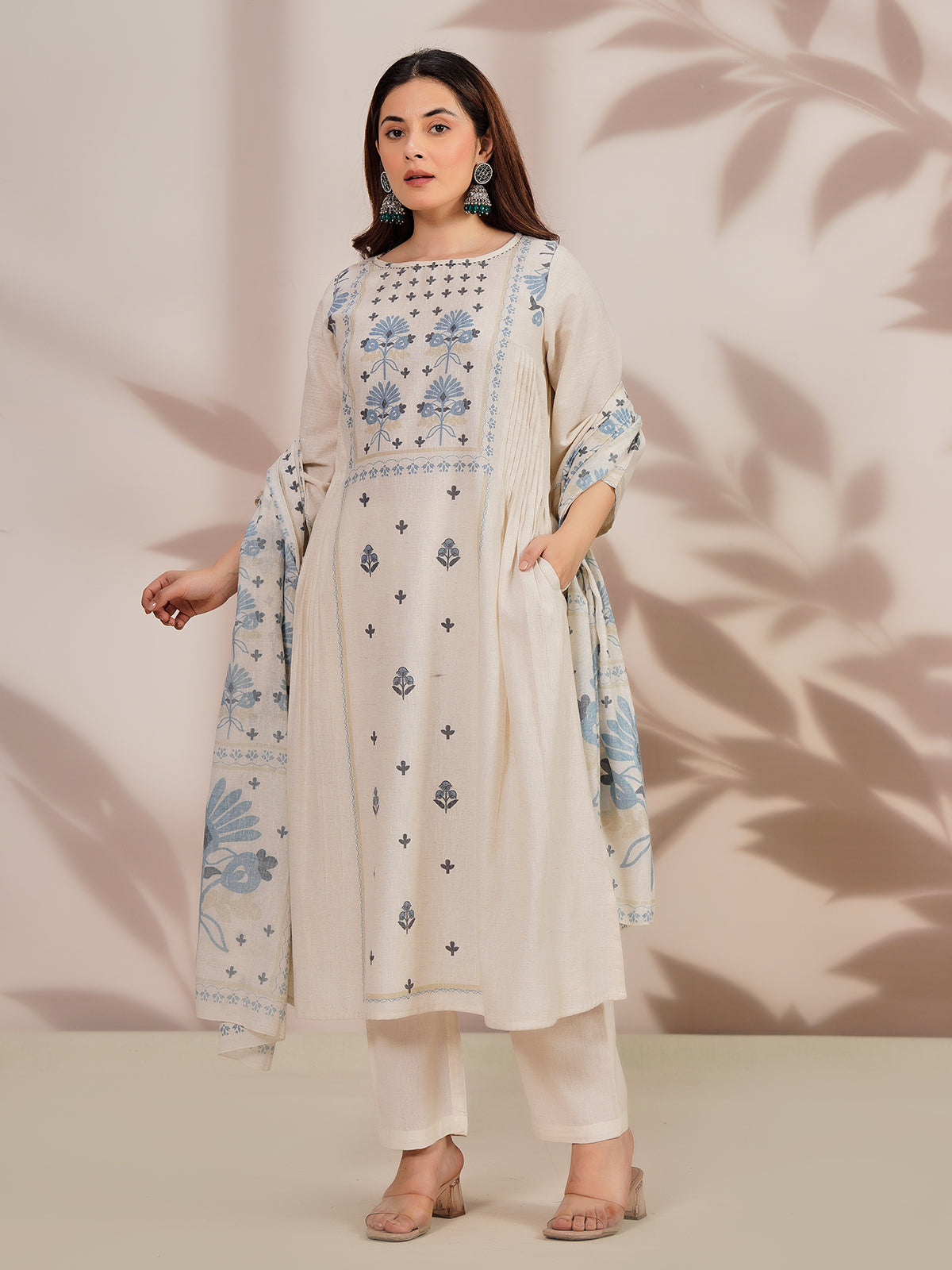 Off white cotton festive kurti set with floral print