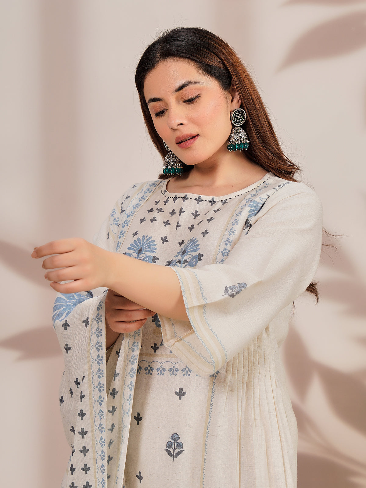 Off white cotton festive kurti set with floral print