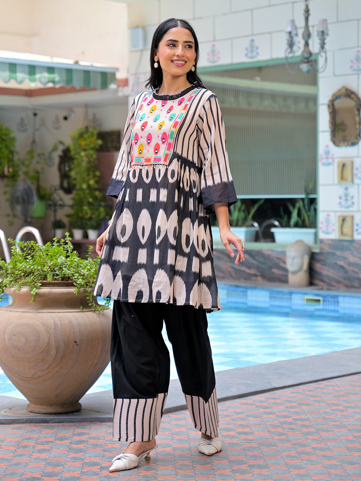 Black designer printed palazzo kurti set