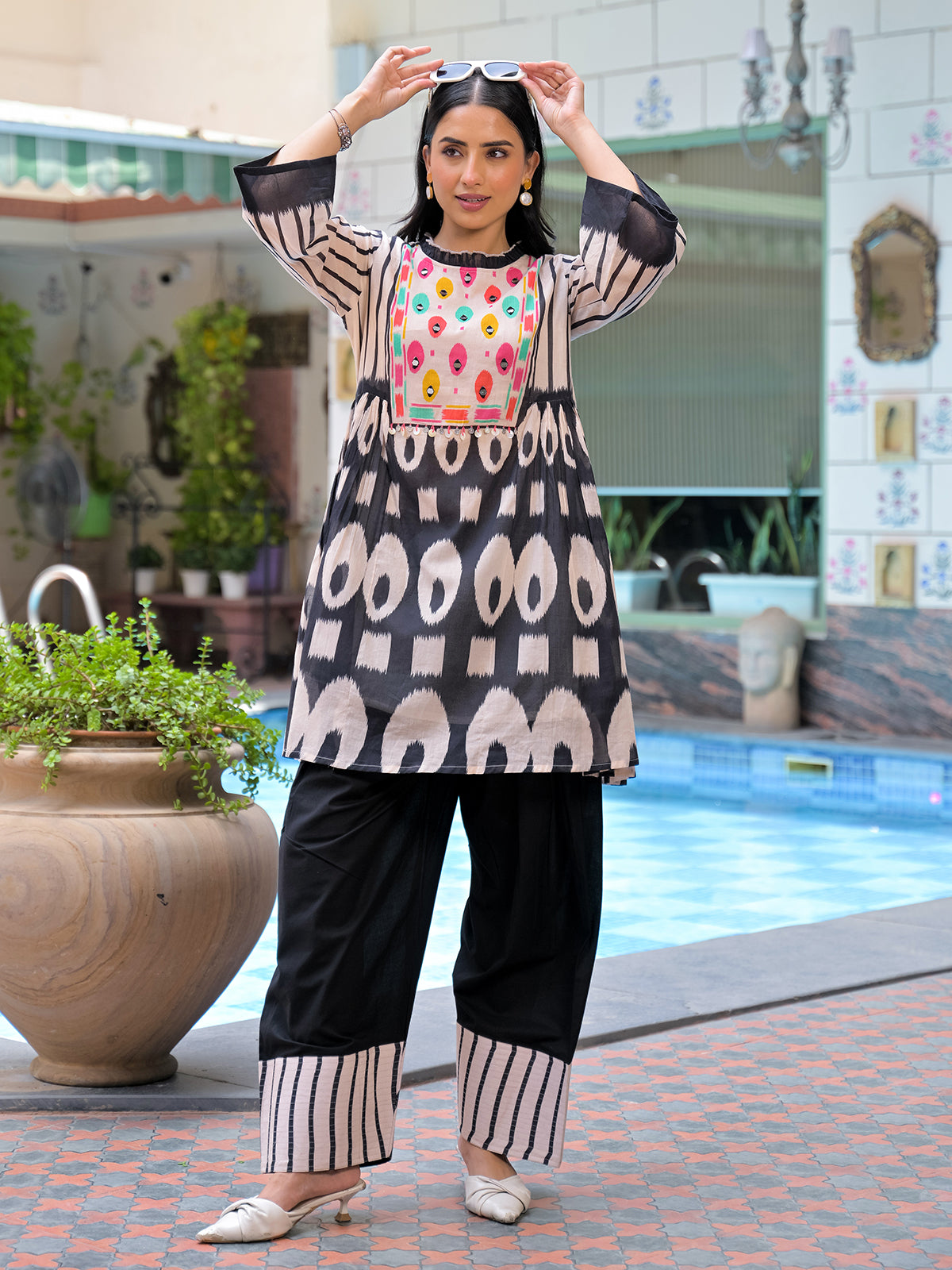 Black designer printed palazzo kurti set