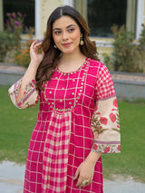 Pink festive aabla work anarkali kurti set