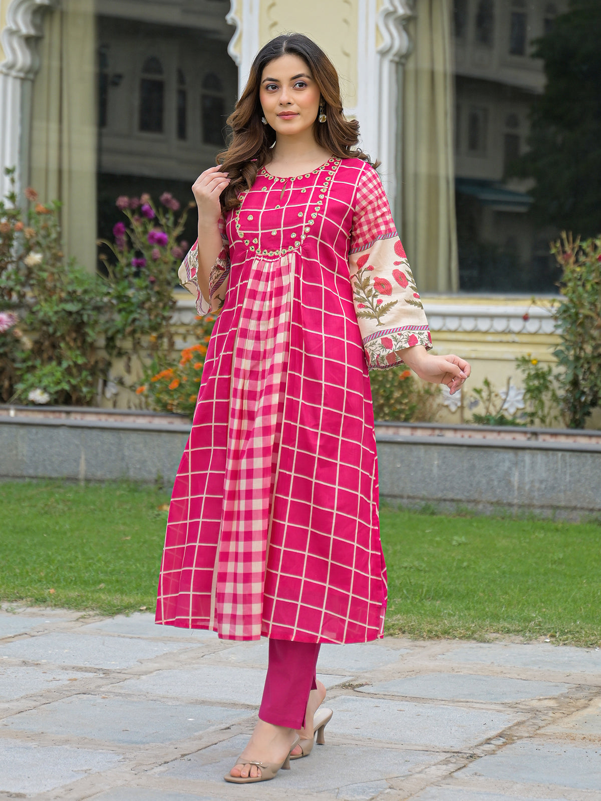 Pink festive aabla work anarkali kurti set