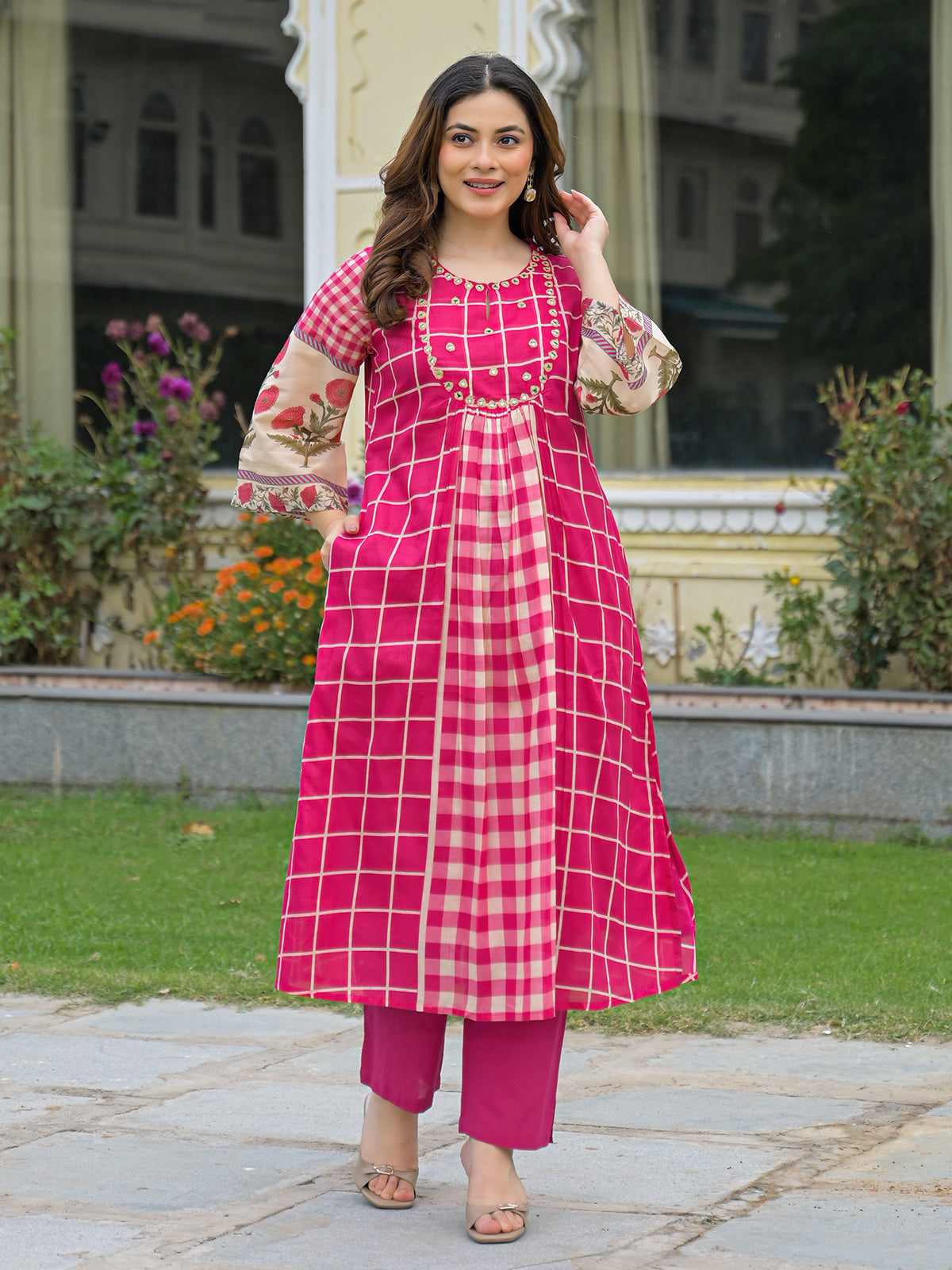 Pink festive aabla work anarkali kurti set