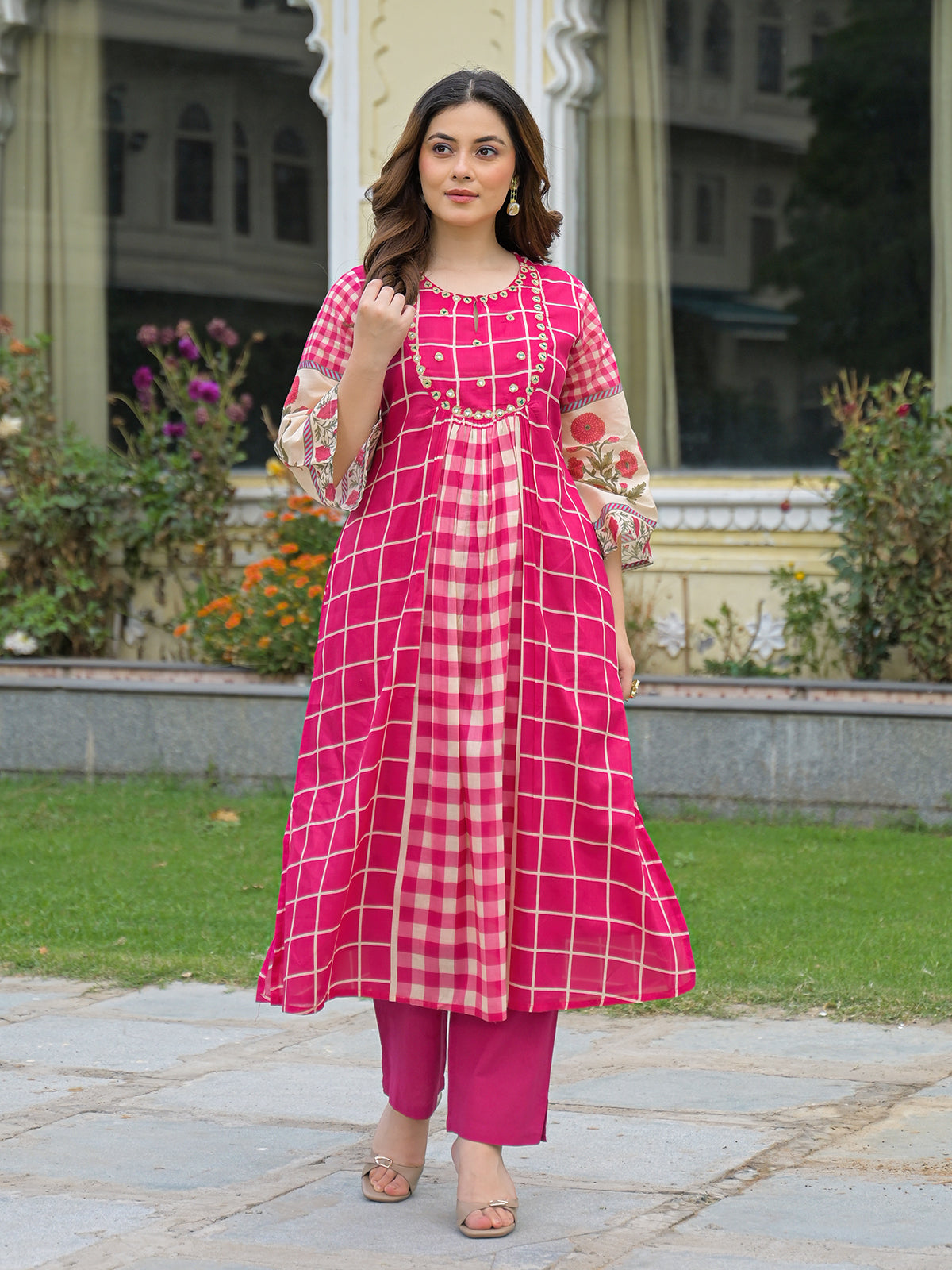 Pink festive aabla work anarkali kurti set