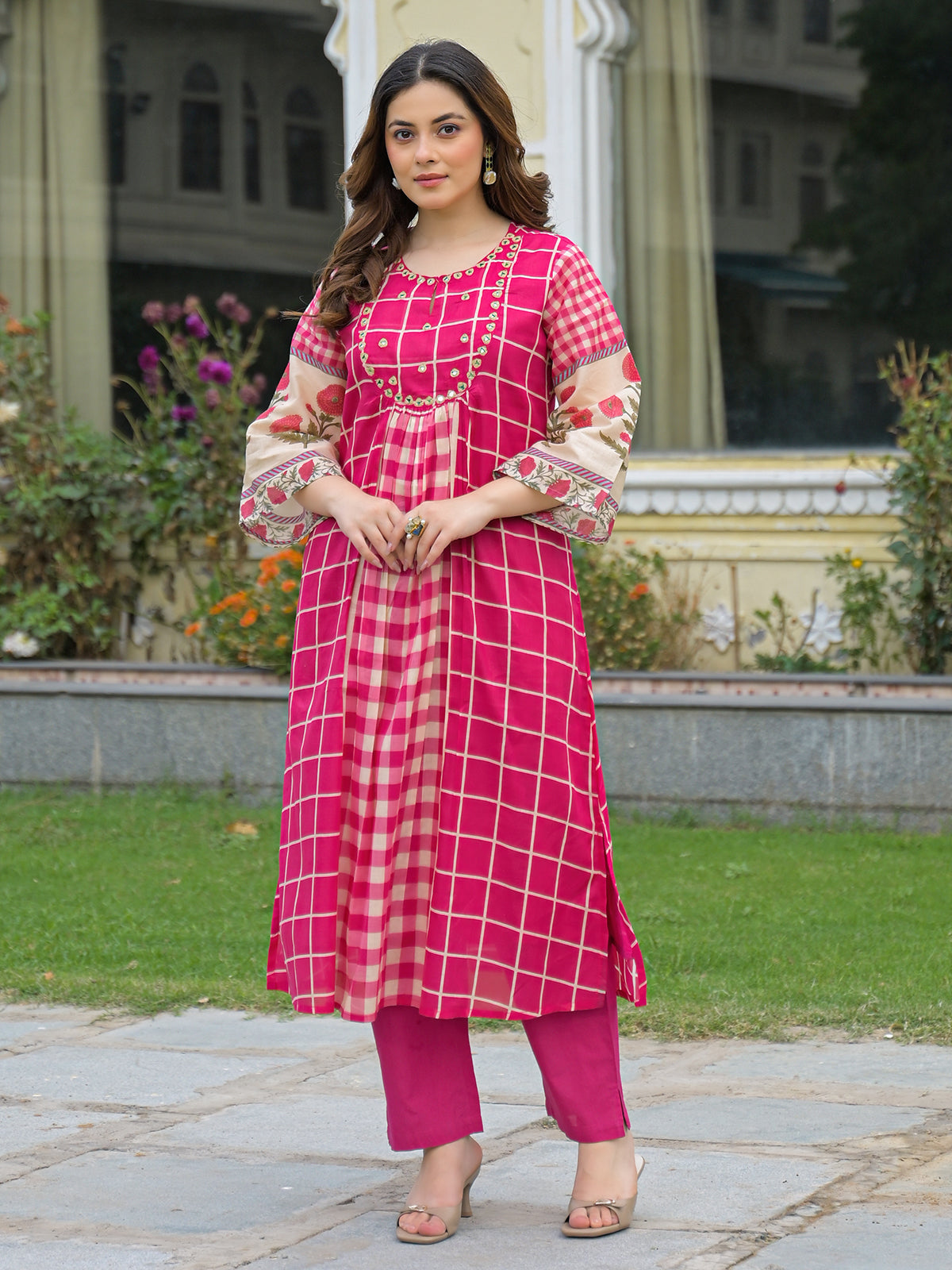 Pink festive aabla work anarkali kurti set