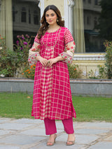 Pink festive aabla work anarkali kurti set