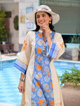 Cream embroidered cotton festive kurti set