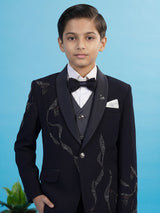 Blue abstract embroidered boys three piece coat suit