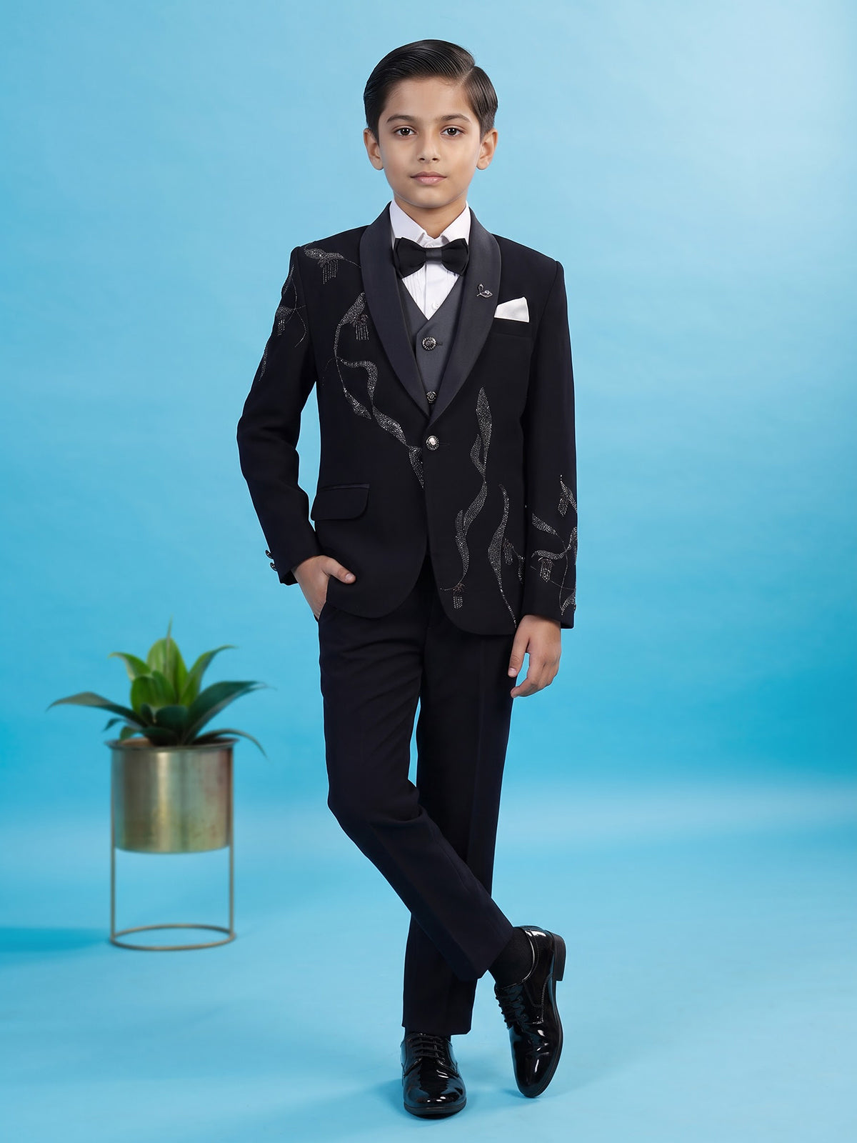 Blue abstract embroidered boys three piece coat suit