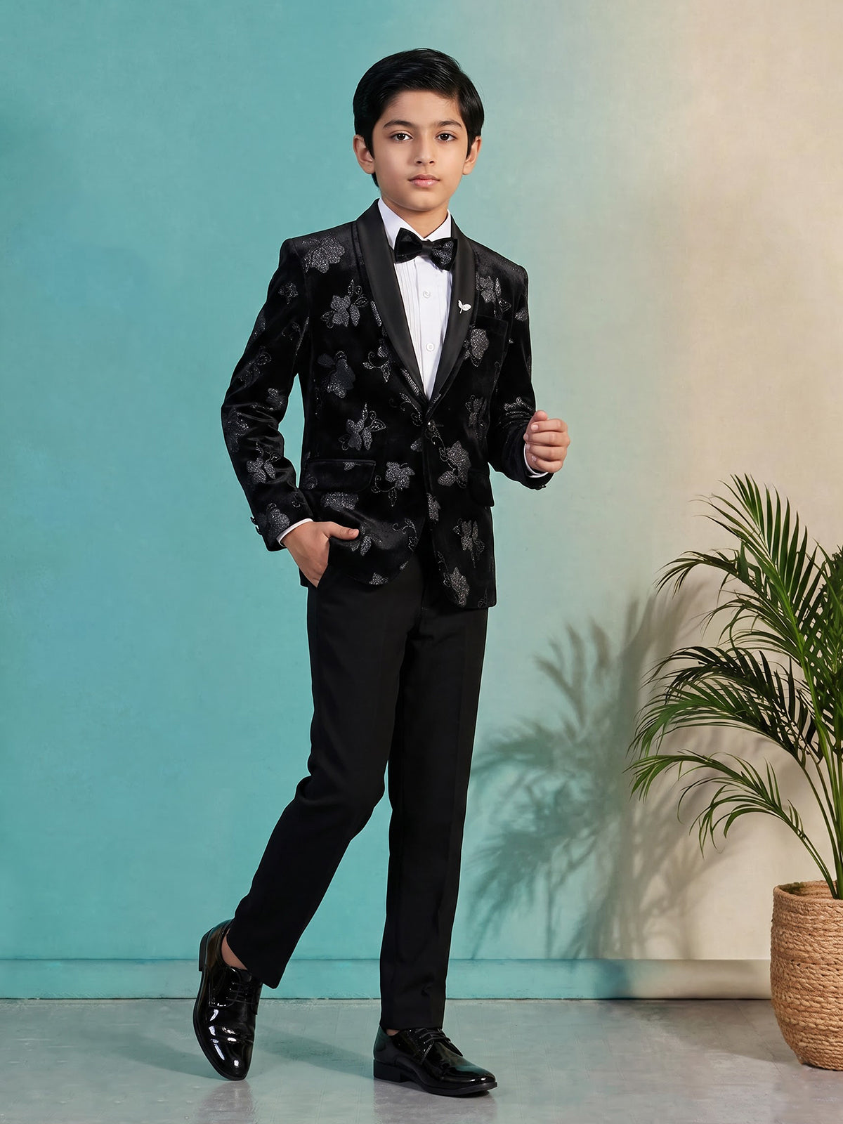 Black embroidered velvet boys three piece coat suit
