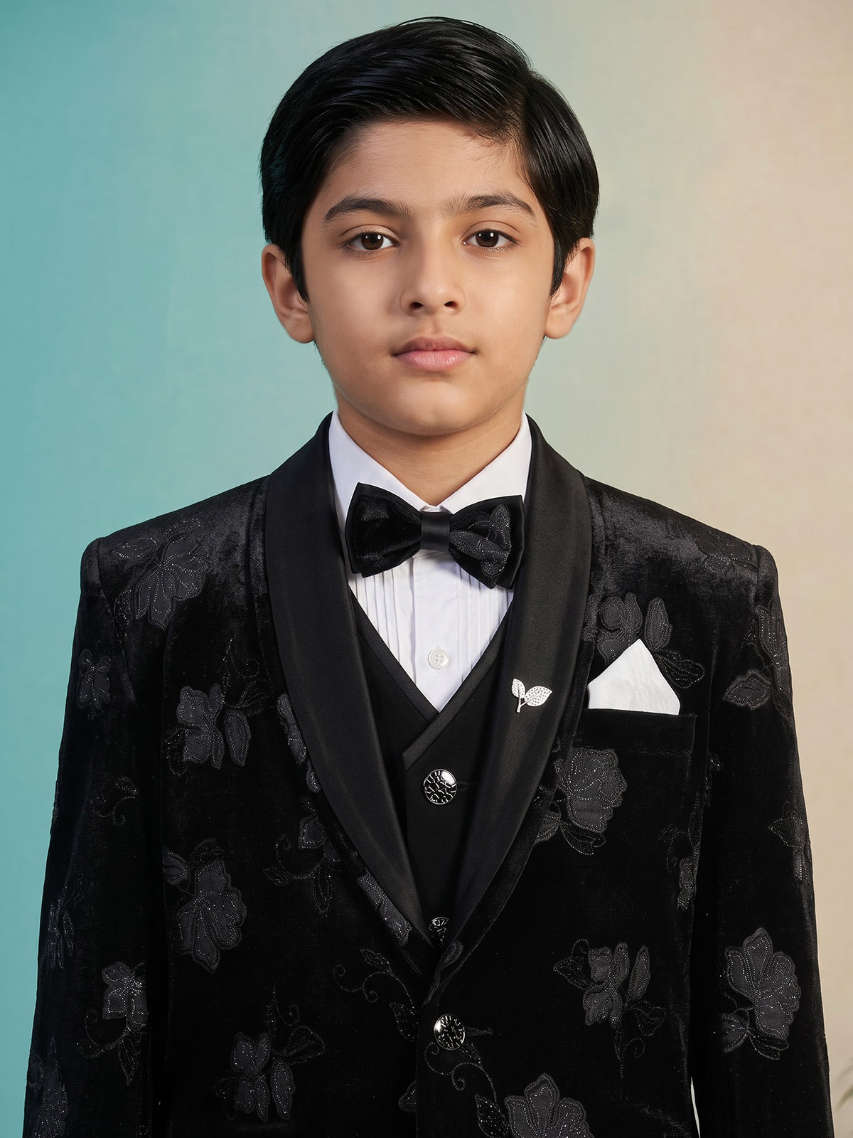 Black embroidered velvet boys three piece coat suit