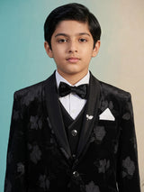 Black embroidered velvet boys three piece coat suit