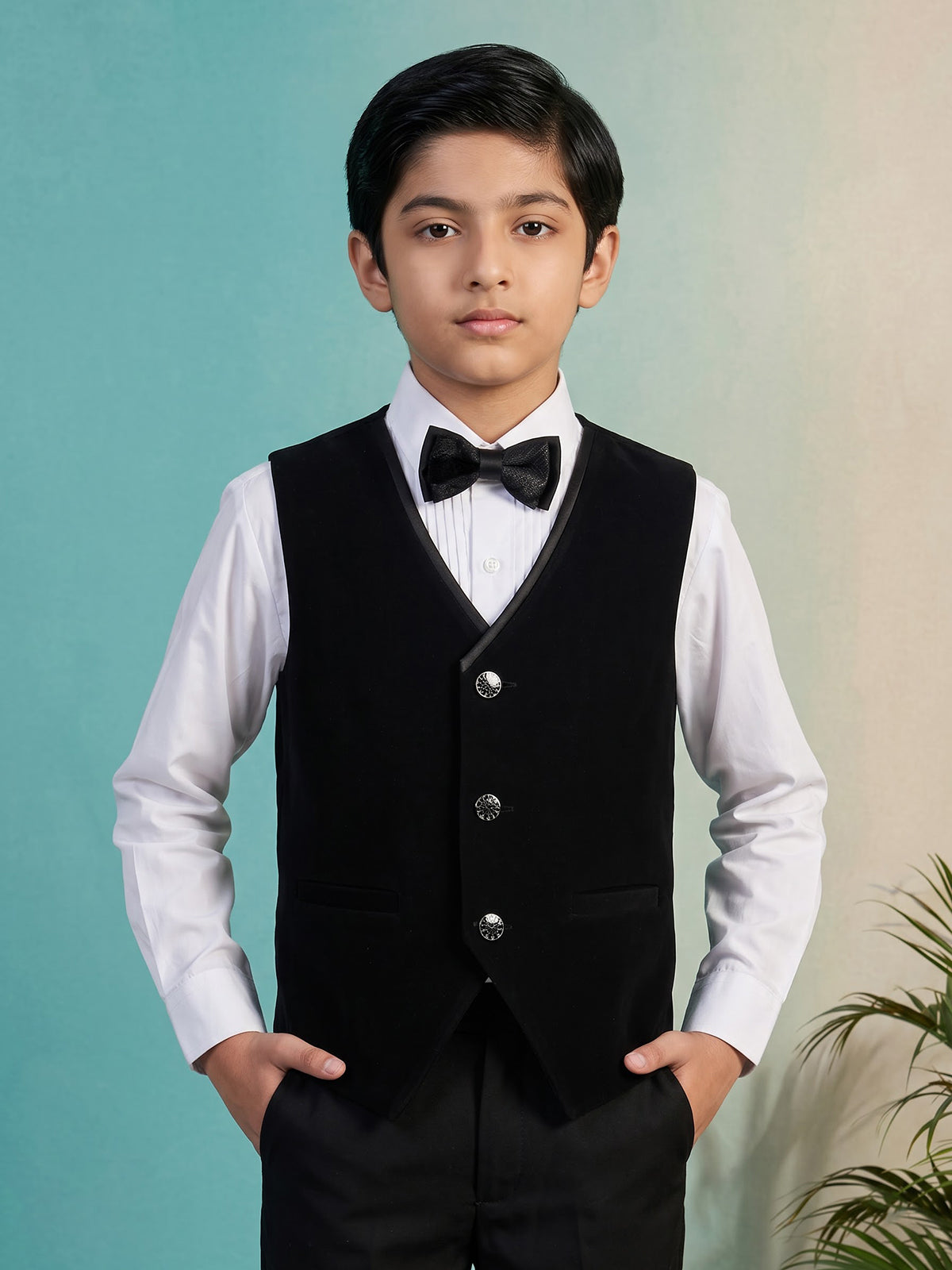 Black embroidered velvet boys three piece coat suit