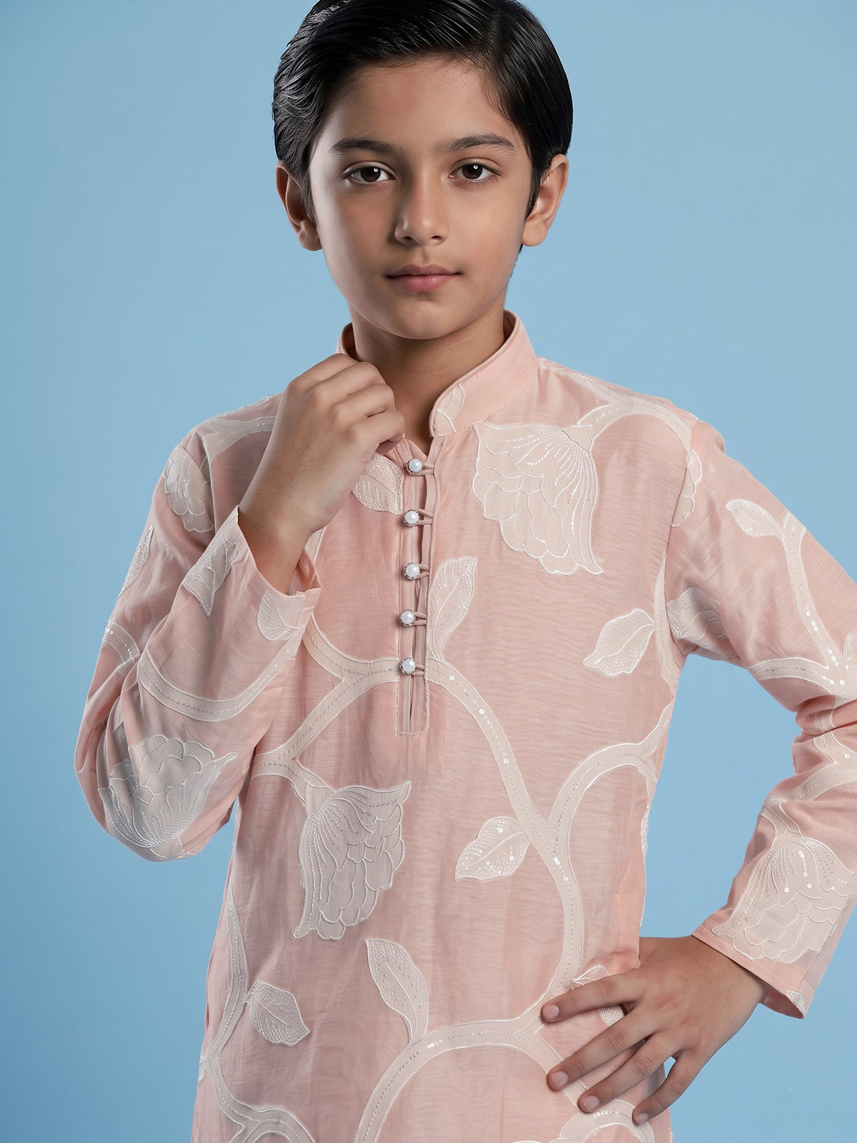 Light pink floral boys kurta suit