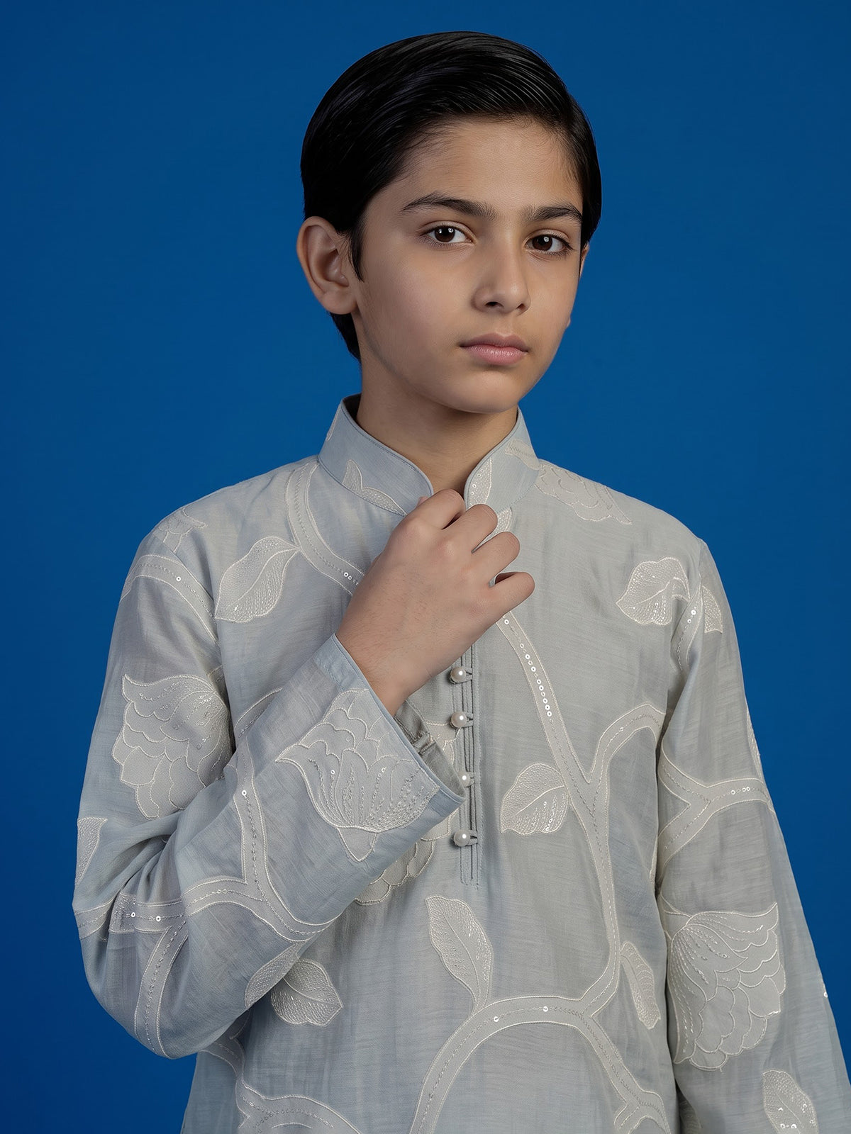 Stone blue botanical boys kurta suit