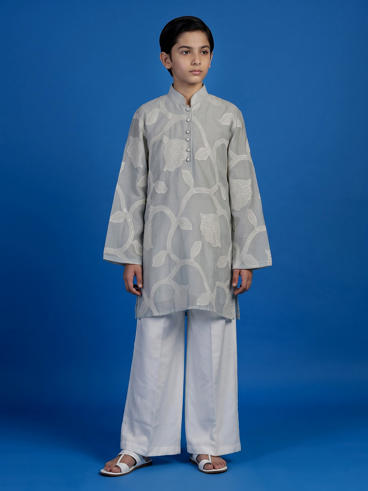 Stone blue botanical boys kurta suit