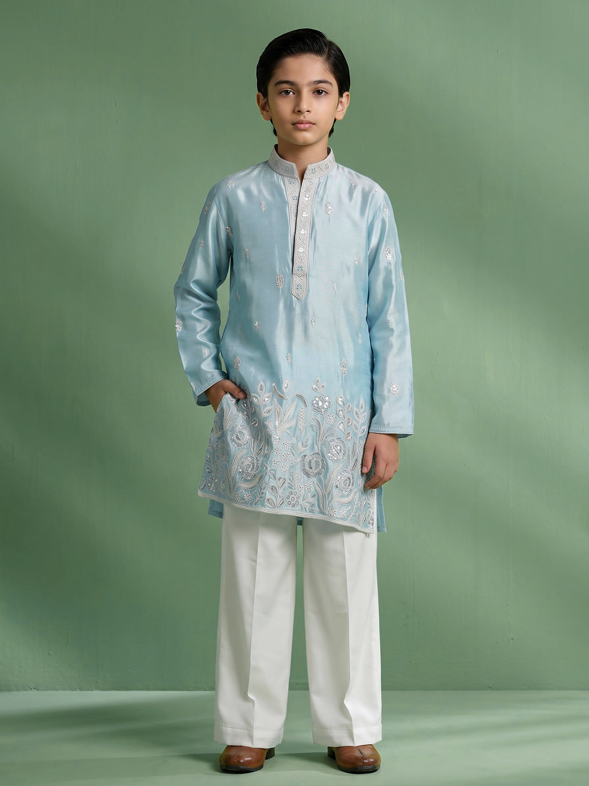 Sky blue floral boys kurta suit