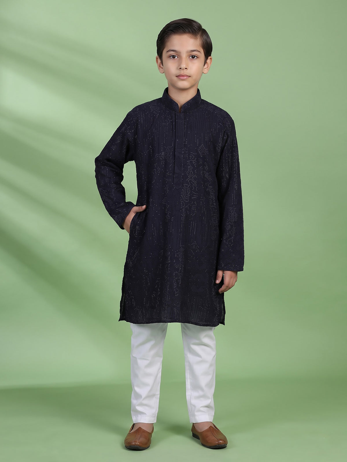 Navy blue swarovski boys kurta suit