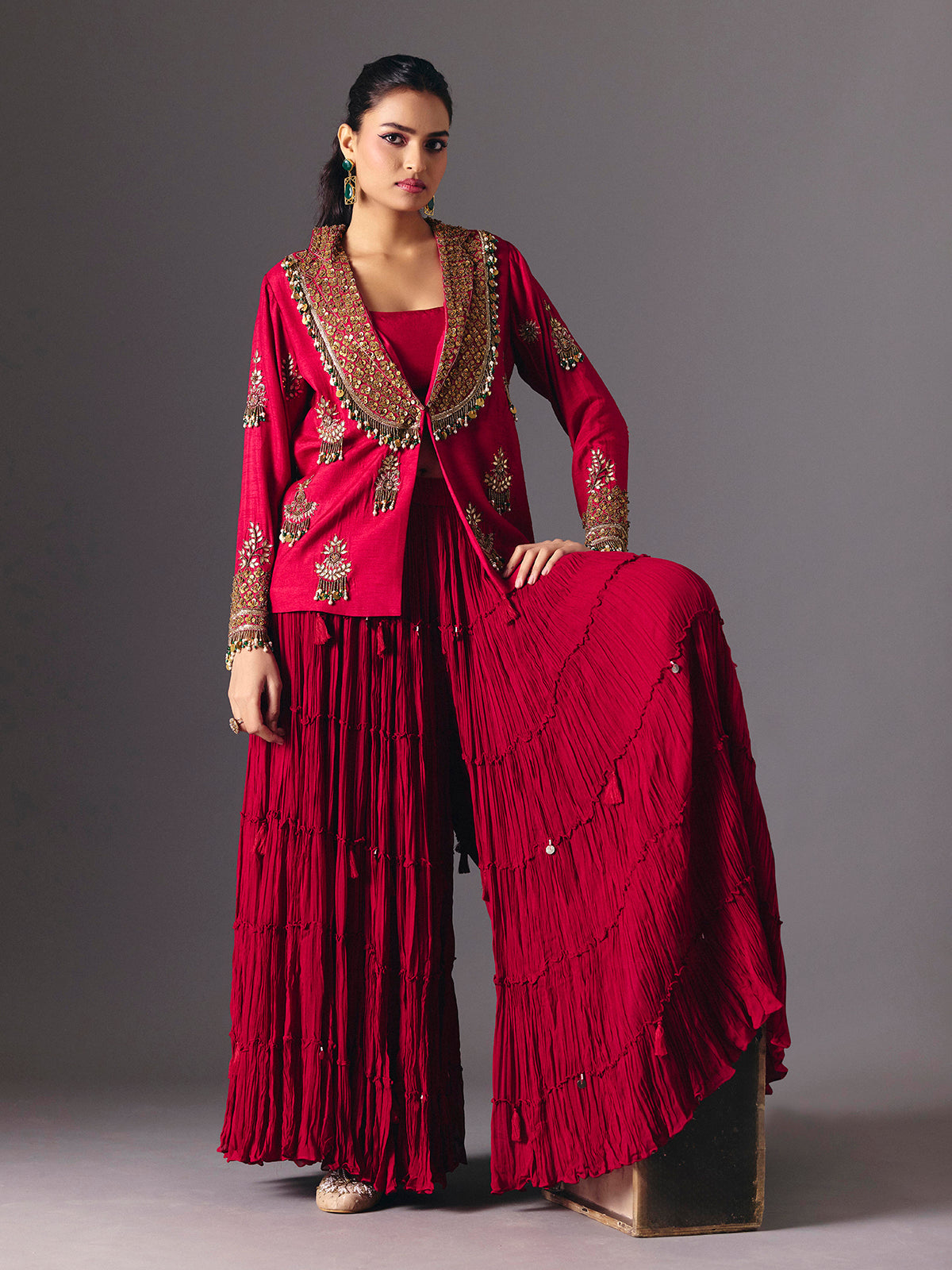Maroon indo western wedding wear palazzo suit