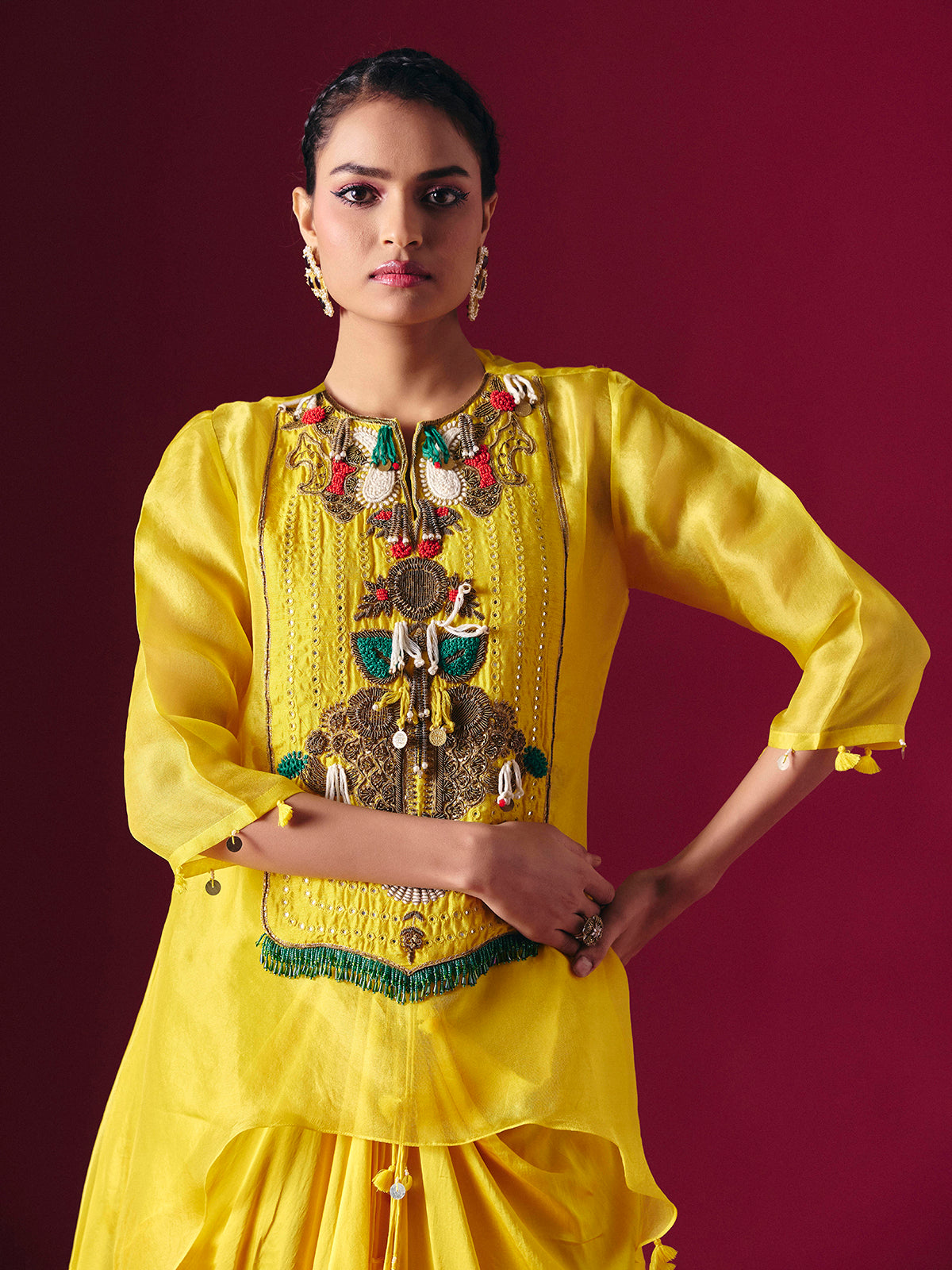 Yellow tissue silk indo western festive salwar suit for women