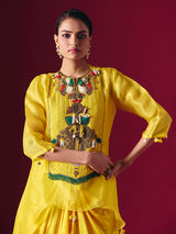 Yellow tissue silk indo western festive salwar suit for women