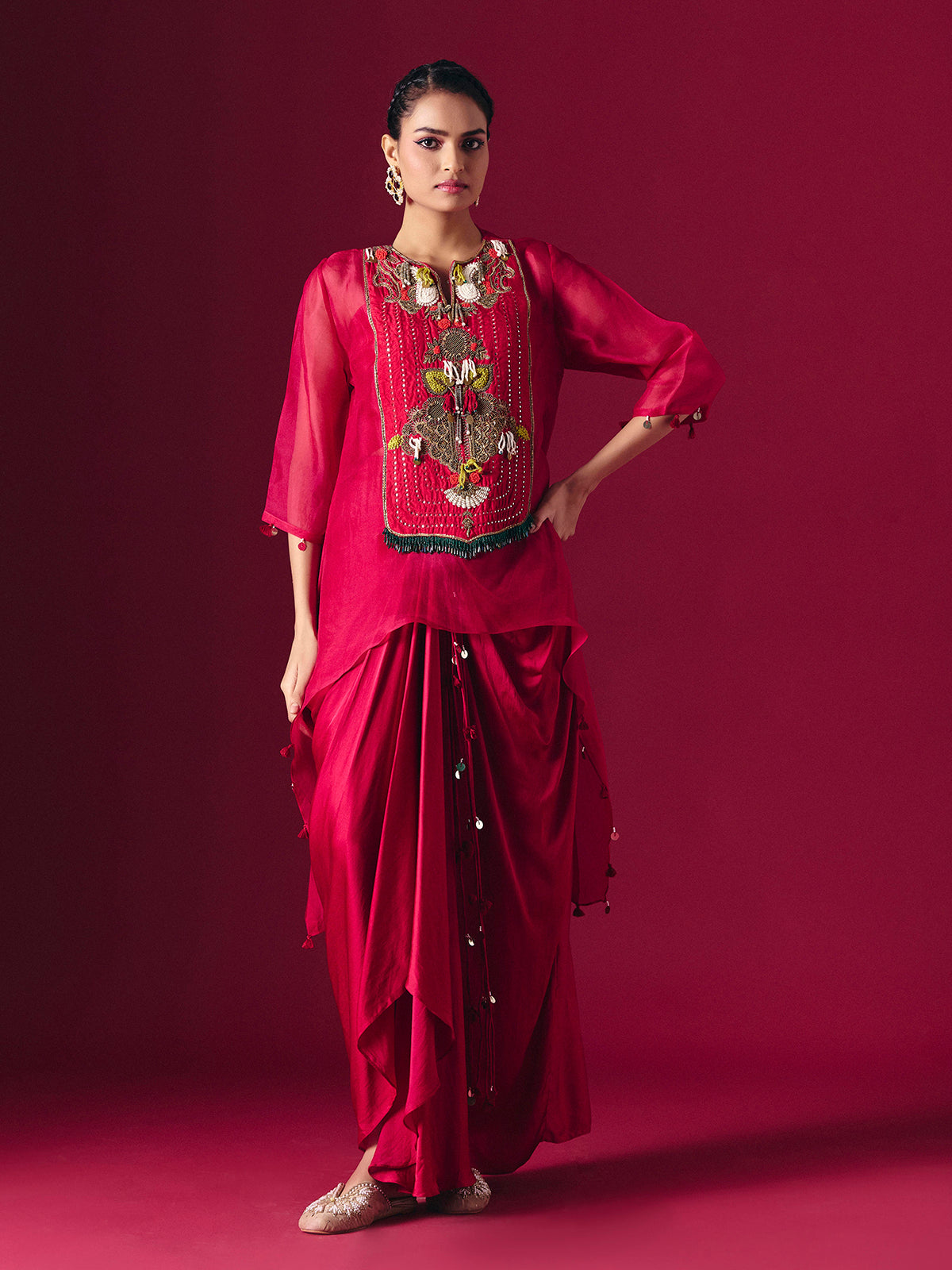 Red tissue silk designer indo western salwar suit for reception