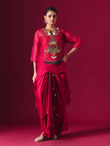 Red tissue silk designer indo western salwar suit for reception
