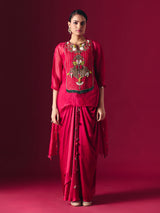 Red tissue silk designer indo western salwar suit for reception