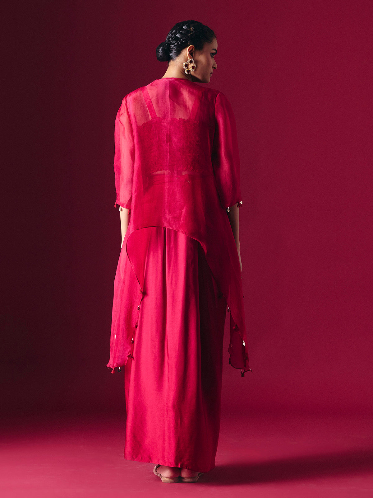 Red tissue silk designer indo western salwar suit for reception