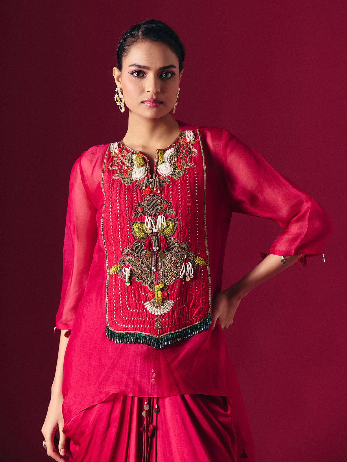 Red tissue silk designer indo western salwar suit for reception