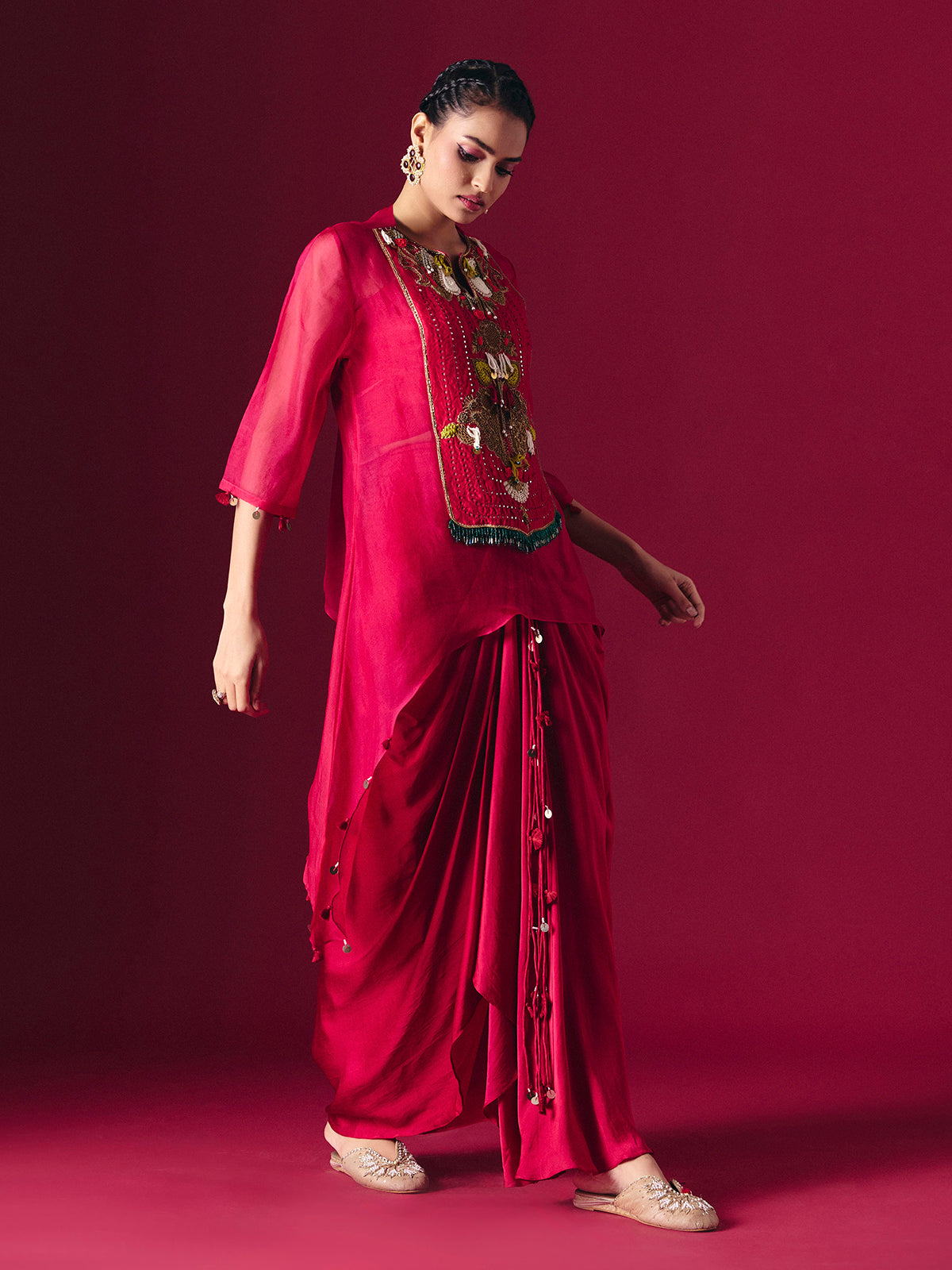 Red tissue silk designer indo western salwar suit for reception