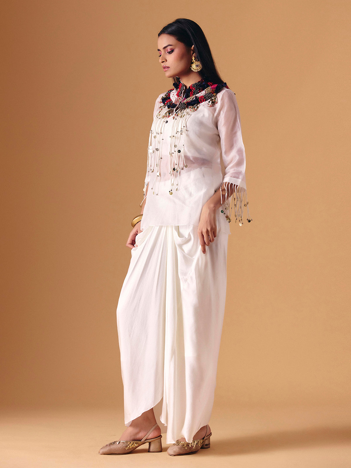 White tissue silk designer indo western salwar suit for women