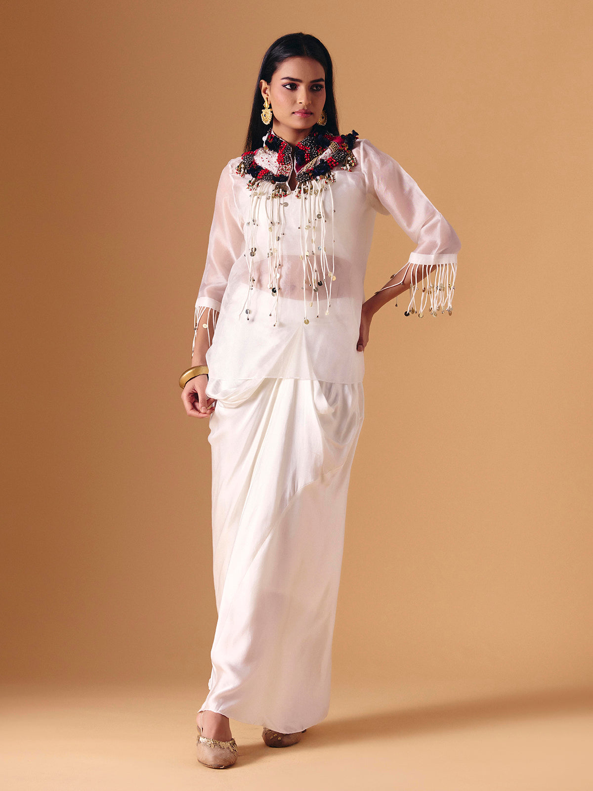 White tissue silk designer indo western salwar suit for women