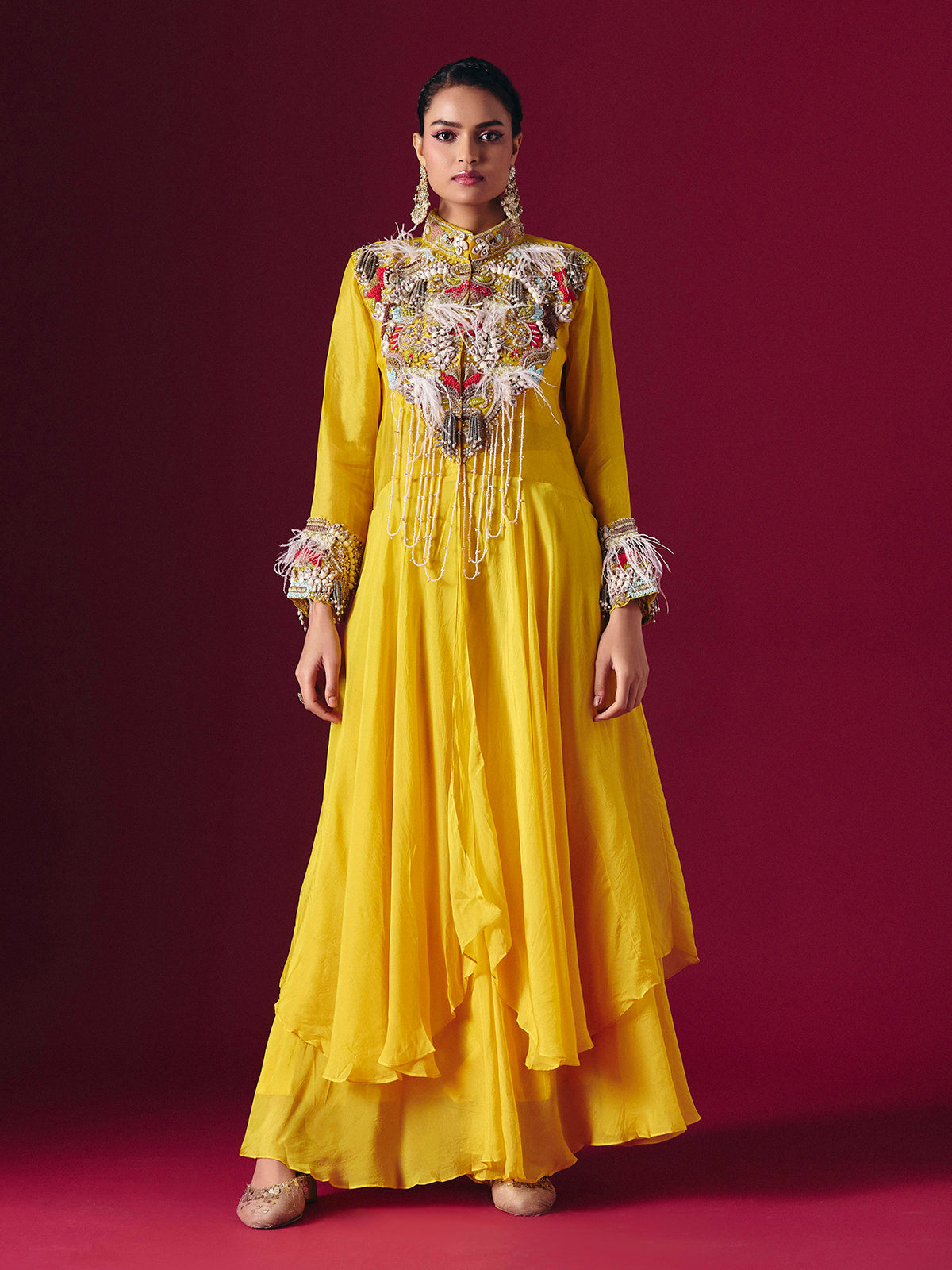 Yellow tissue silk designer indo western palazzo suit