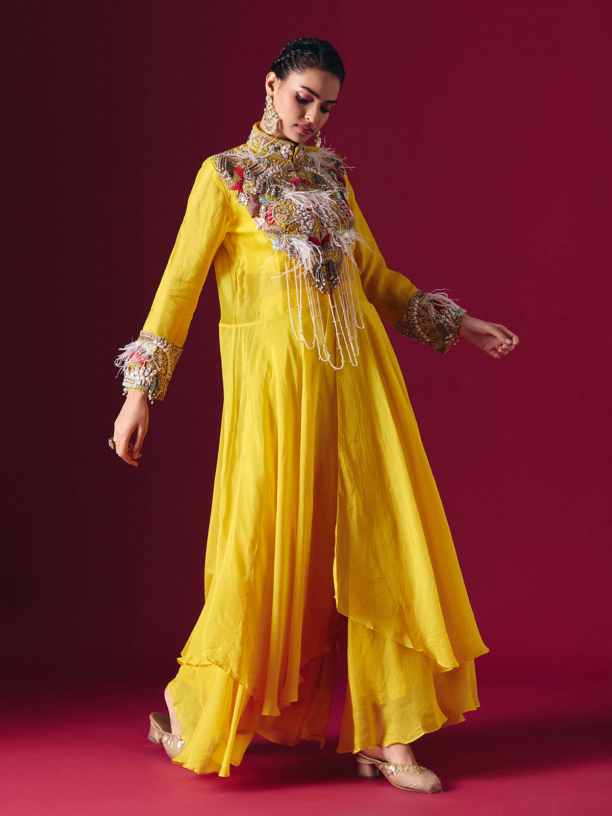 Yellow tissue silk designer indo western palazzo suit