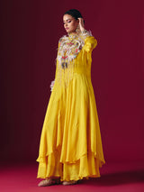 Yellow tissue silk designer indo western palazzo suit