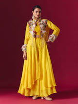Yellow tissue silk designer indo western palazzo suit