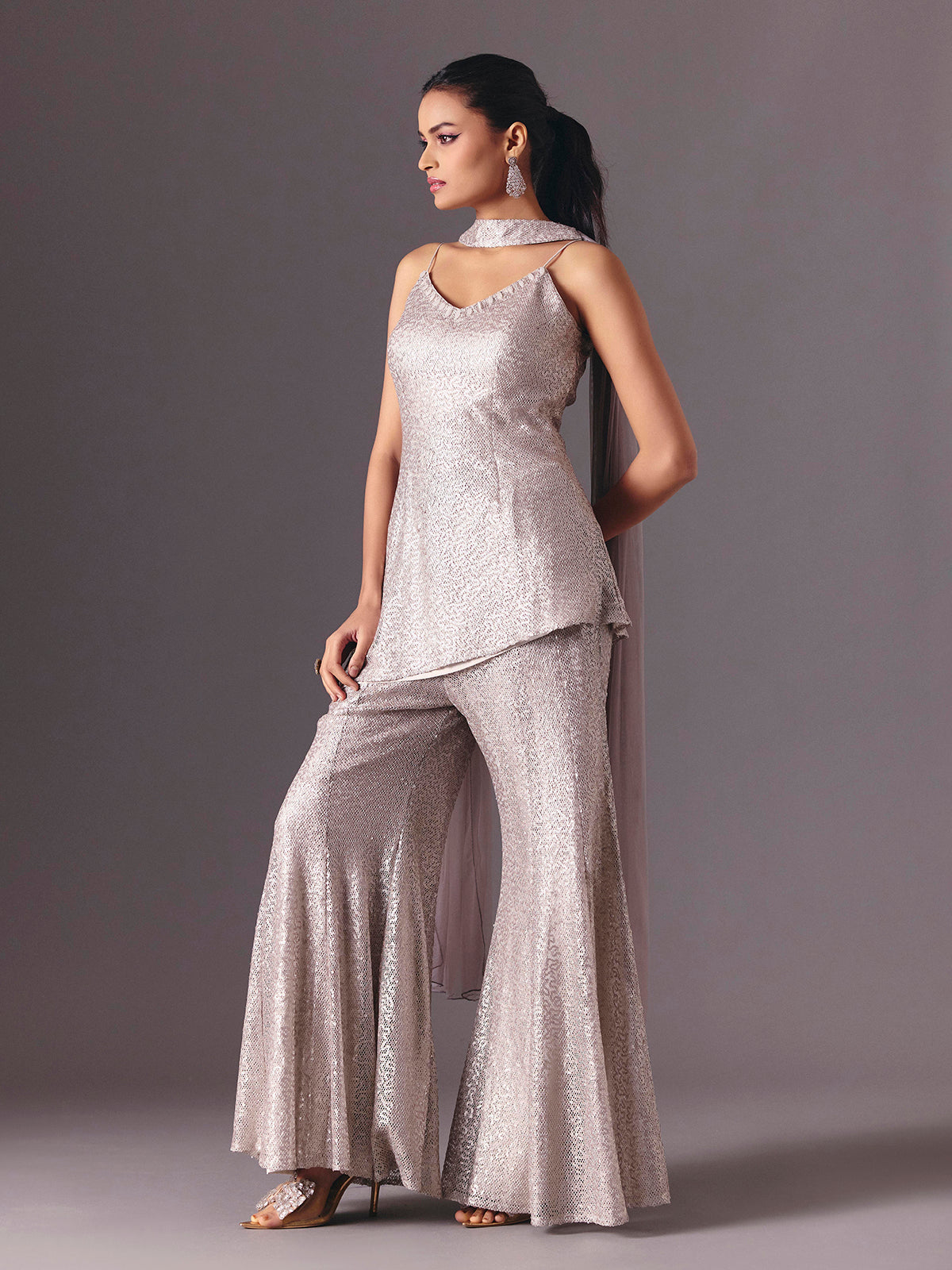 Lilac purple designer net palazzo salwar suit with choker dupatta