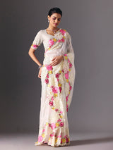White organza floral embroidered saree with elegant cutwork detailing